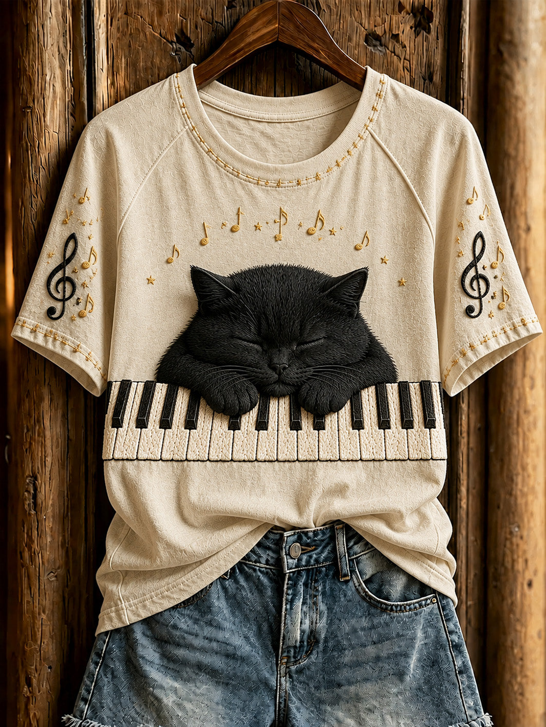 Black Cat Piano T-Shirt Musical Cat Clothing Gift Ideas For Cat Owners