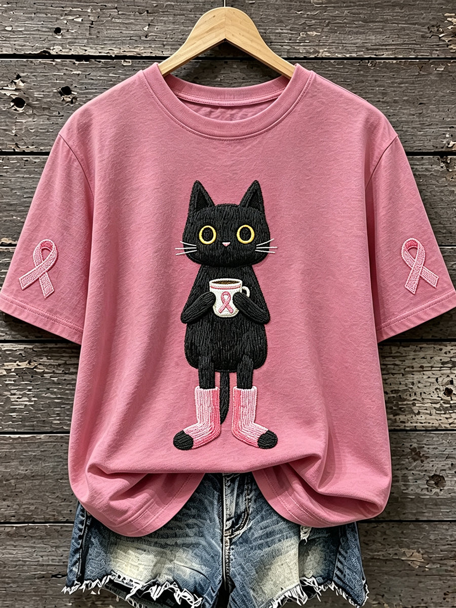 Black Cat Breast Cancer Awareness T-Shirt Cute Black Cat Drinking Coffee Tee Gift Ideas
