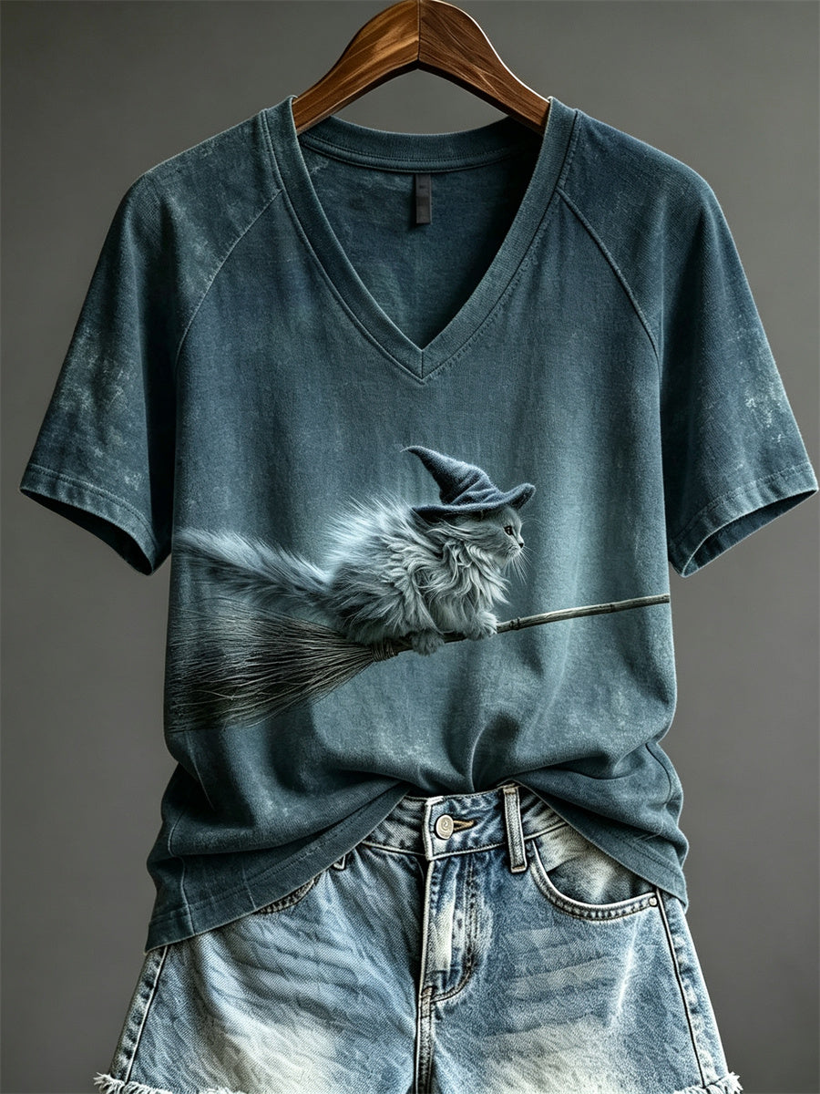 Grey Fluffy Witch Cat Flying Broomstick V-Neck Shirt Clothes Gift For Her