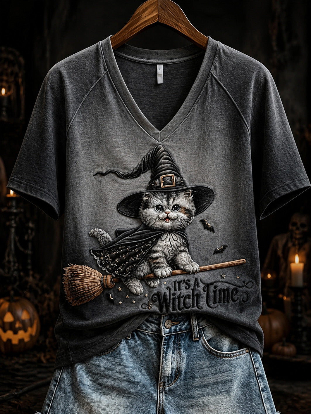 It_s A Witch Time V-Neck Shirt Cute Witch Cat Flying Broomstick Merch Gift Ideas_