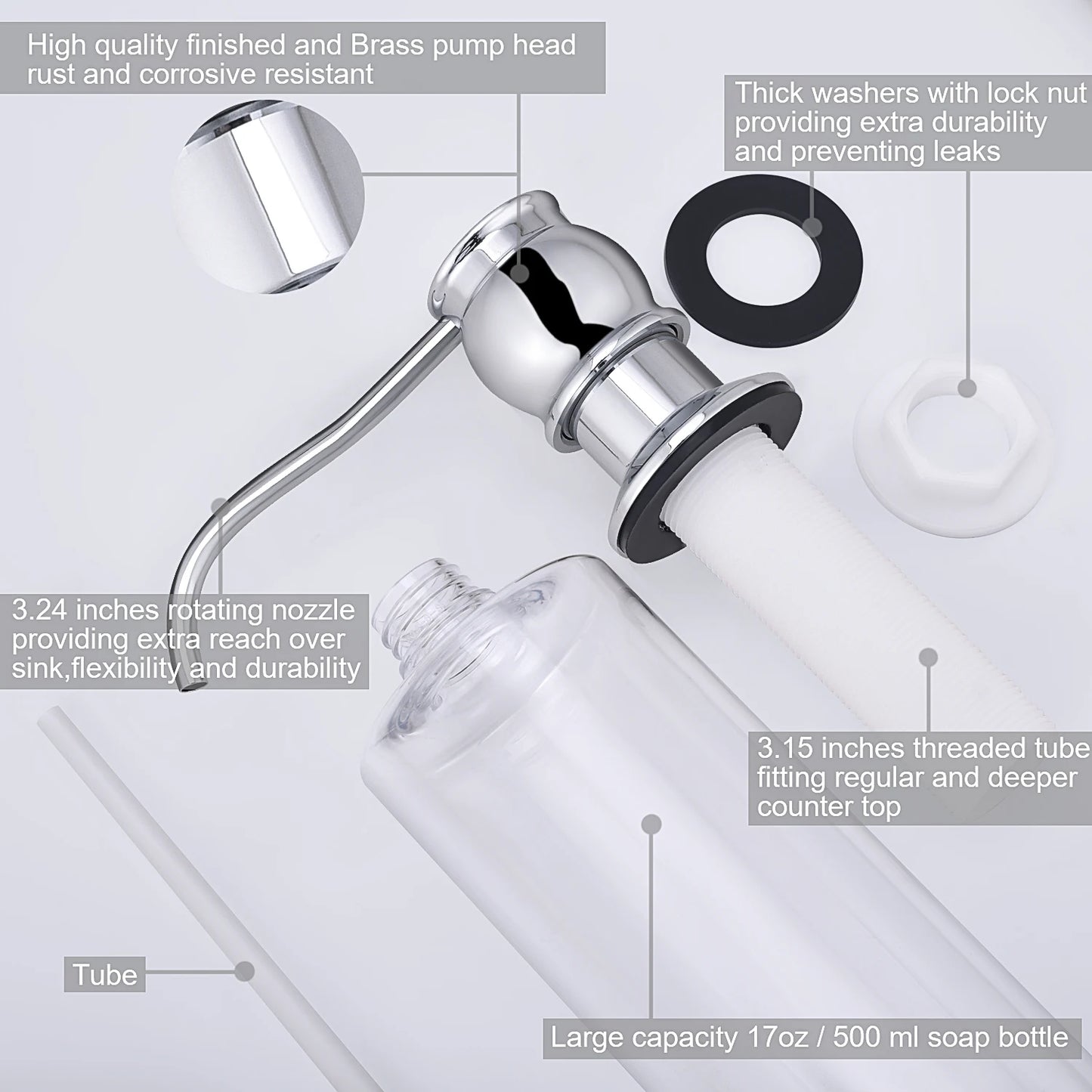Kitchen Sink Soap Dispenser - Brass Pump & 17oz Bottle
