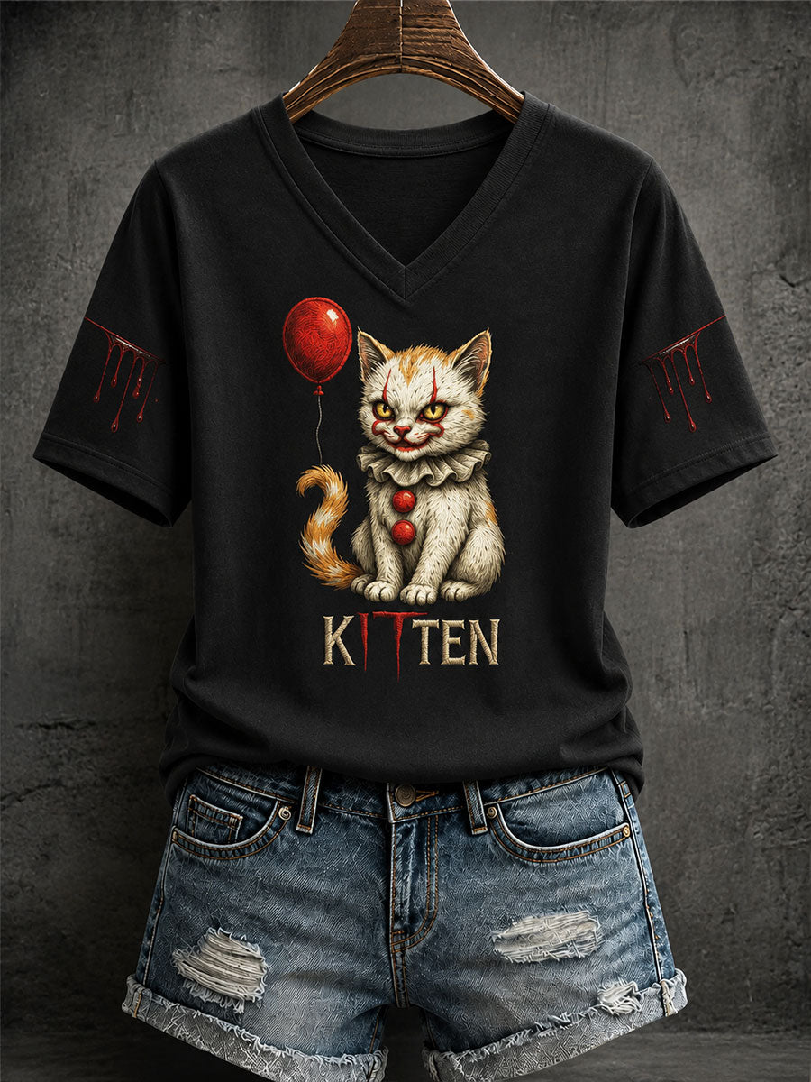 Scary Clown Cat Kitten Halloween V-Neck Shirt Spooky Horror Merch Cat Lover Gift