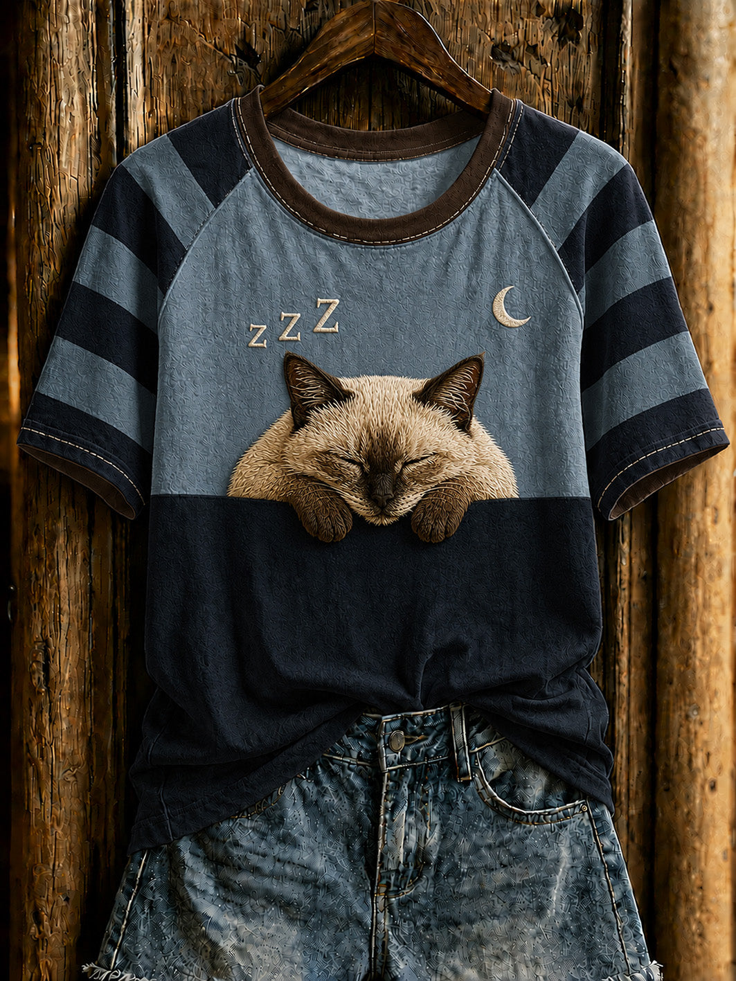 Sleeping Siamese Cat T-Shirt Moon Cat Colorblock Tee Cat Mom Gifts