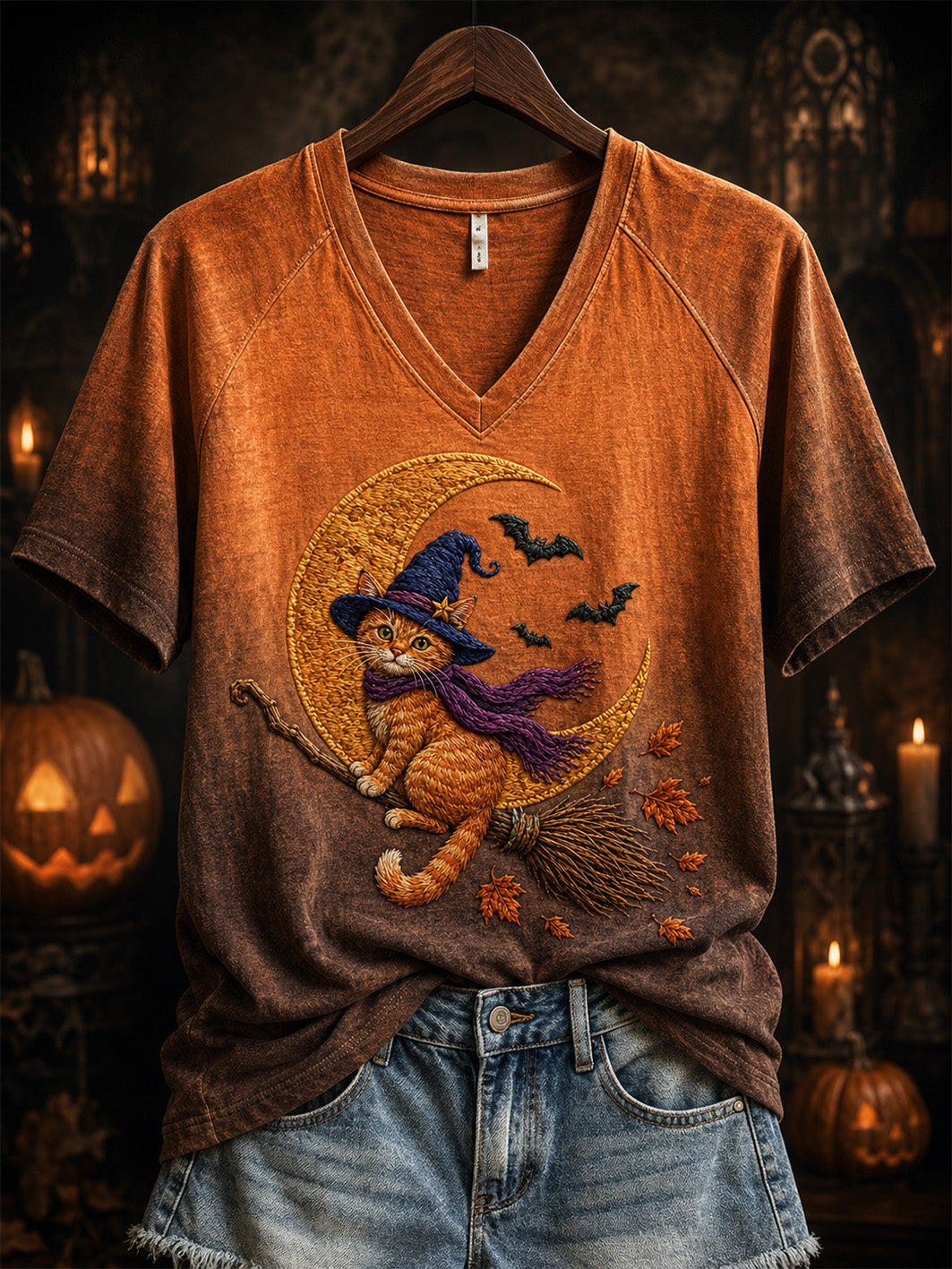 Orange Tabby Witch Cat V-Neck Shirt Halloween Clothes Gift For Girlfriend