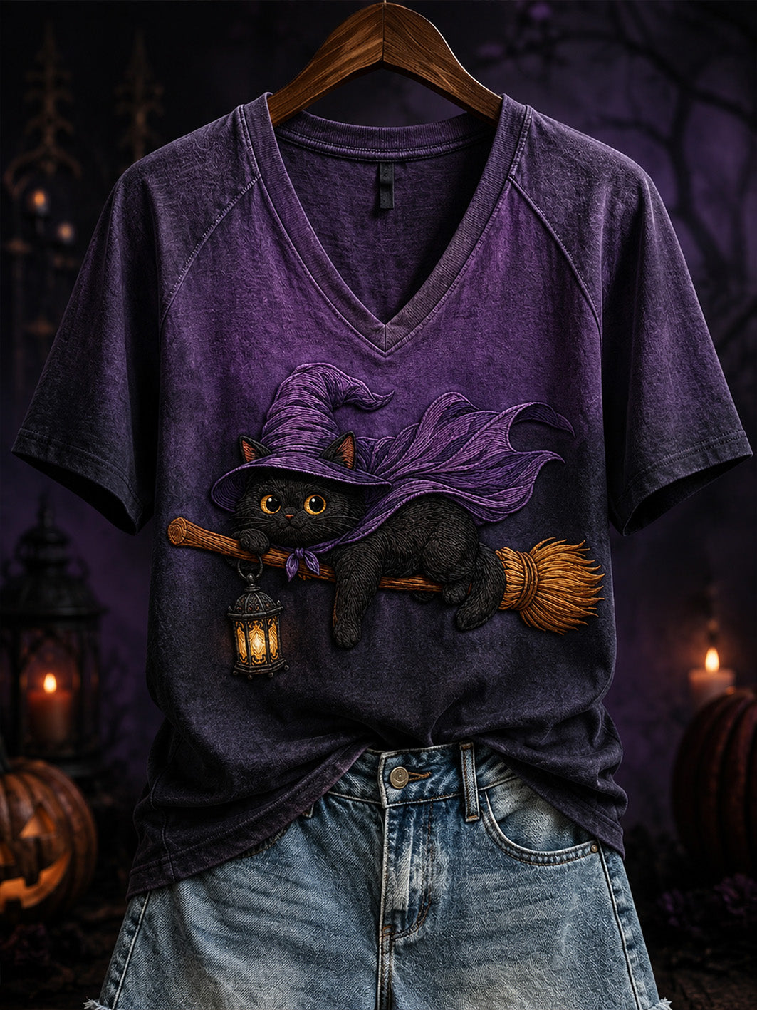 Black Witch Cat Flying Broomstick V-Neck Shirt Halloween Clothing Gift Ideas