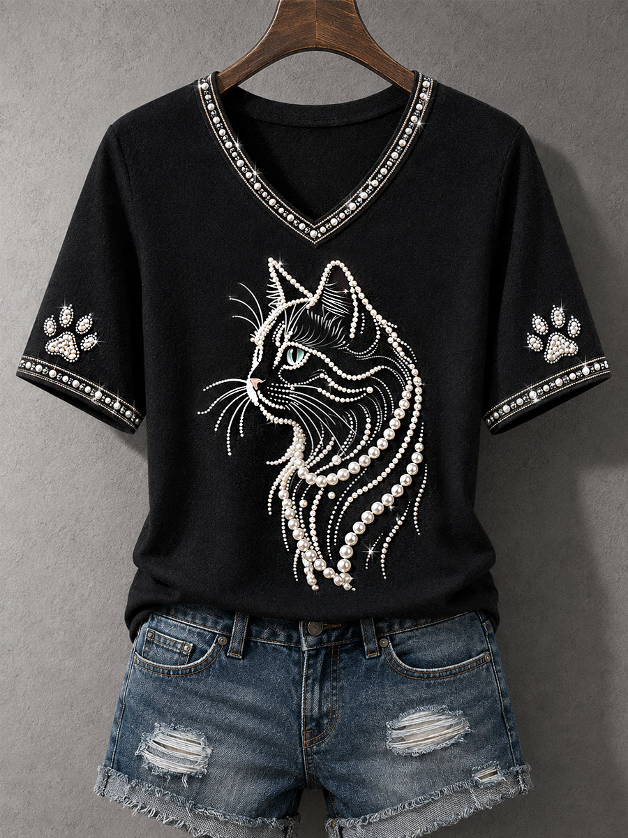 Glamorous Cat V-Neck Shirt Cat Loves Clothing Gift For Her