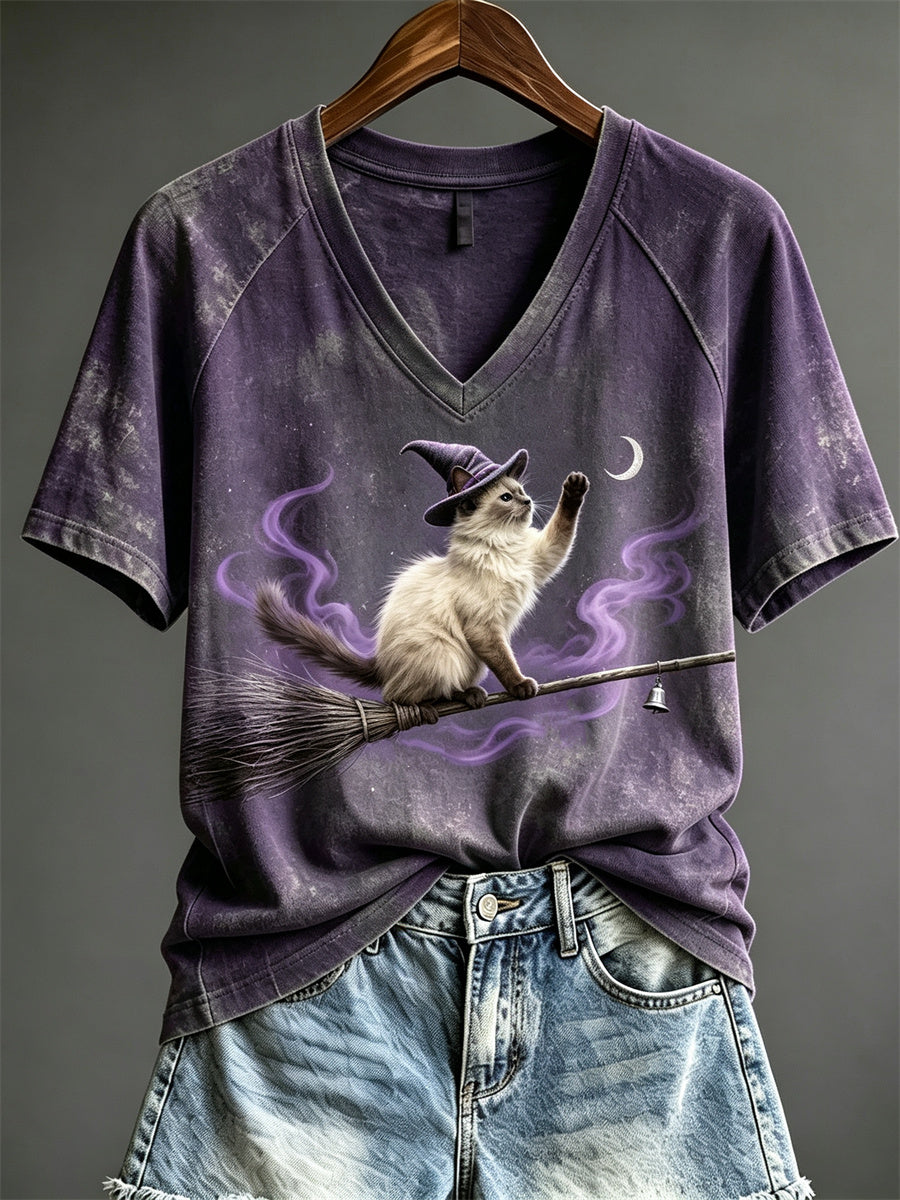 Siamese Witch Cat Flying Broomstick V-Neck Shirt Cute Cat Clothing Gift For Halloween