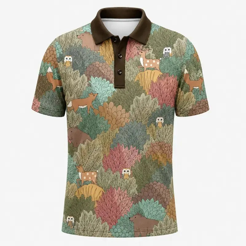 Men_s Woodland Animals Polo Shirt Deer Fox Owl Bear Forest Clothes Gift Ideas