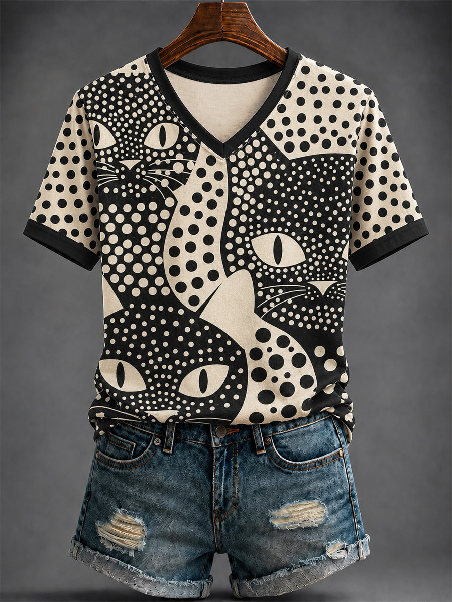 Polka Dot Cat Silhouettes All Over V-Neck Shirt Cat Loves Gift Ideas