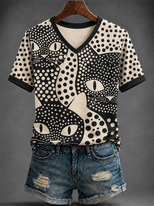 Polka Dot Cat Silhouettes All Over V-Neck Shirt Cat Loves Gift Ideas