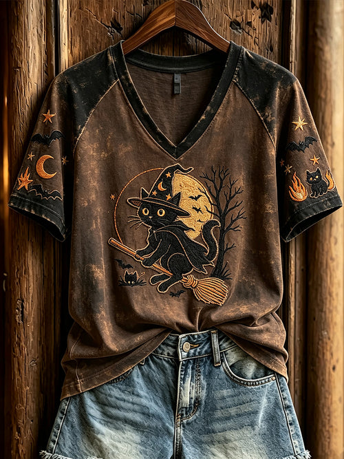 Black Witch Cat Flying Broomstick V-Neck Shirt Halloween Clothing Gift For Her