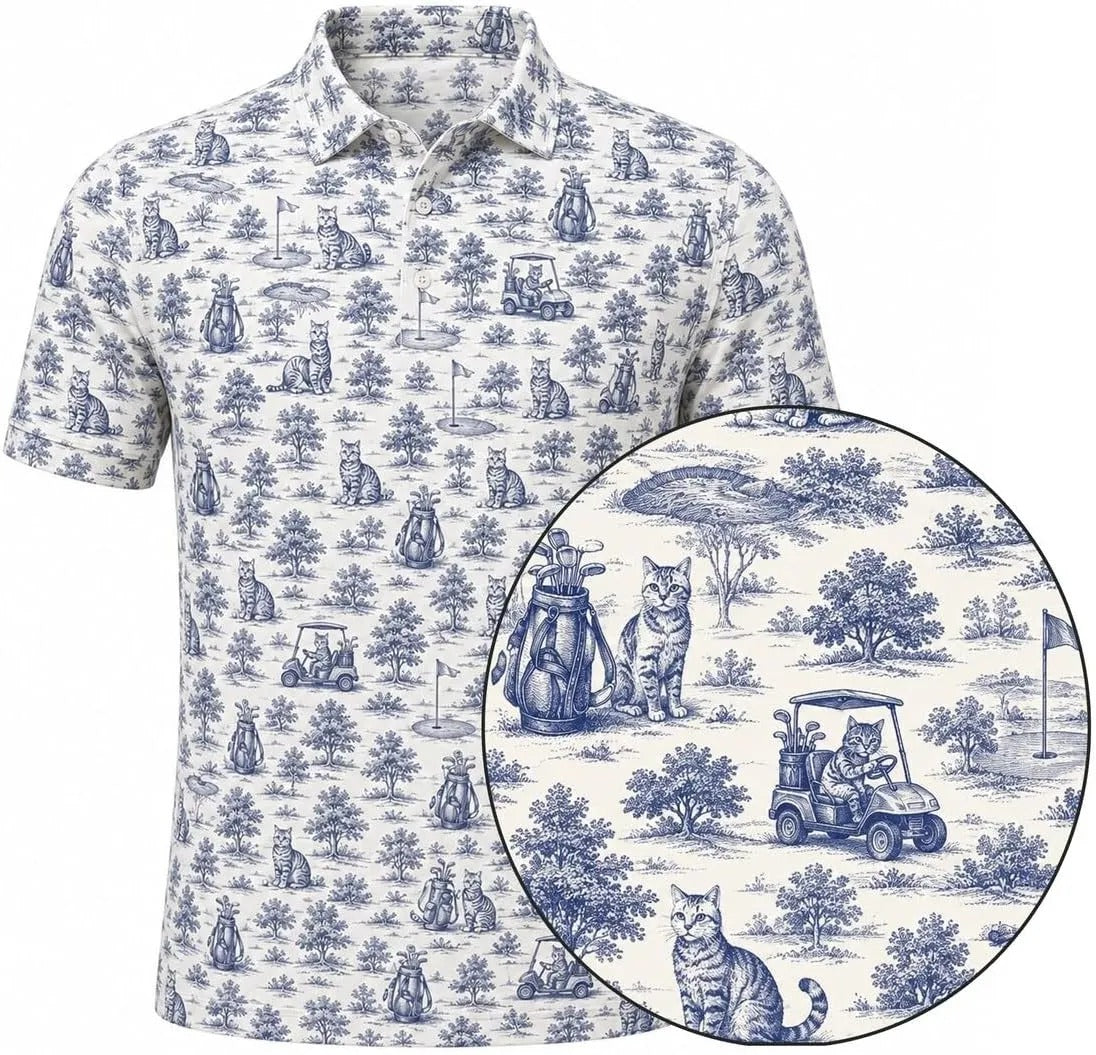 Blue Toile Cat Polo Shirt Retro Animal Pattern Clothing Gift Ideas For Cat Lovers