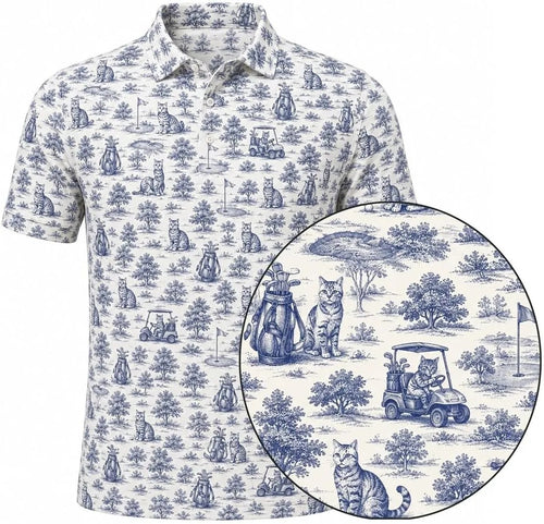 Blue Toile Cat Polo Shirt Retro Animal Pattern Clothing Gift Ideas For Cat Lovers