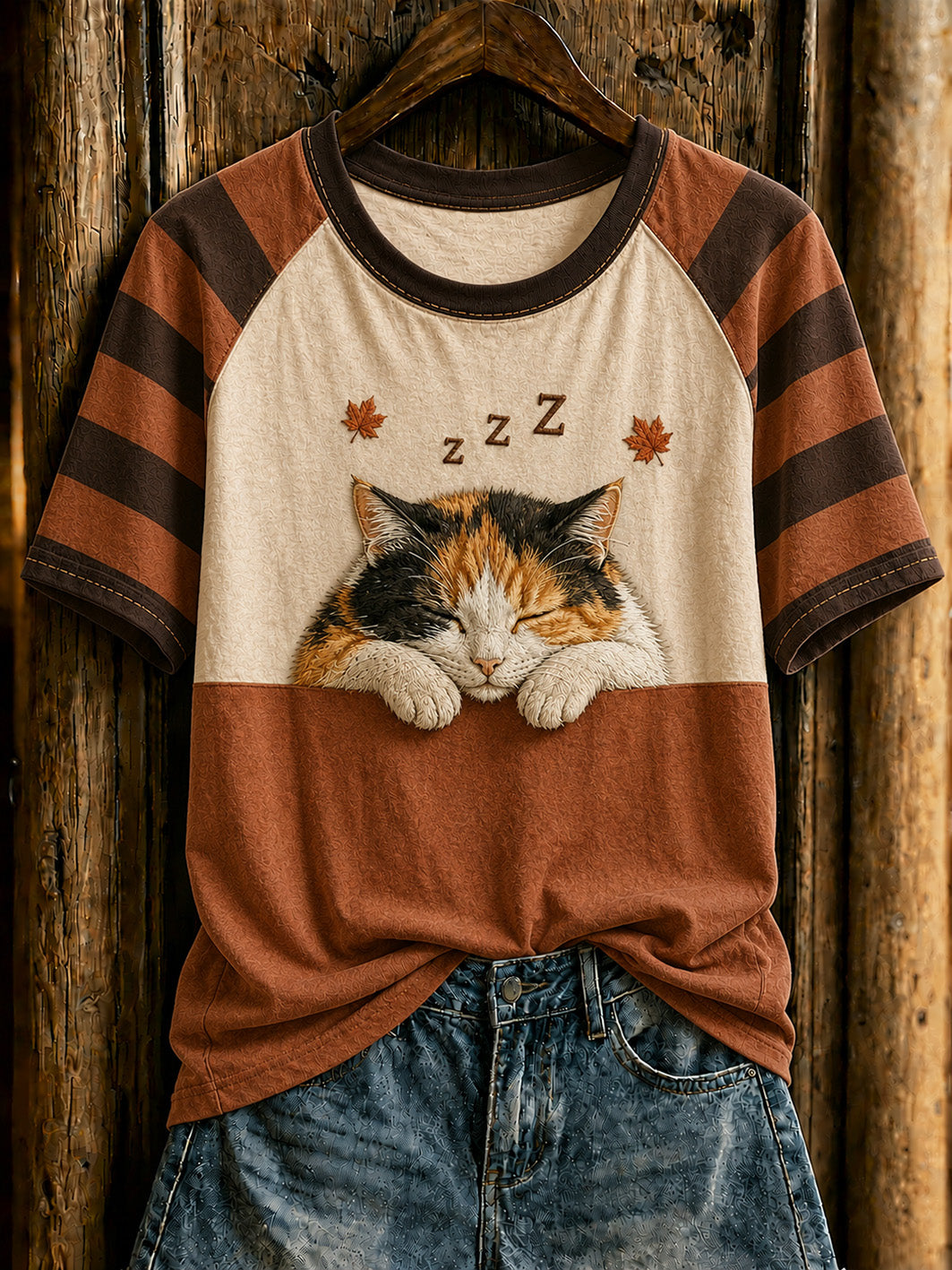 Sleeping Calico Cat Raglan T-Shirt Cozy Cat Top Tee Gifts For Him Her
