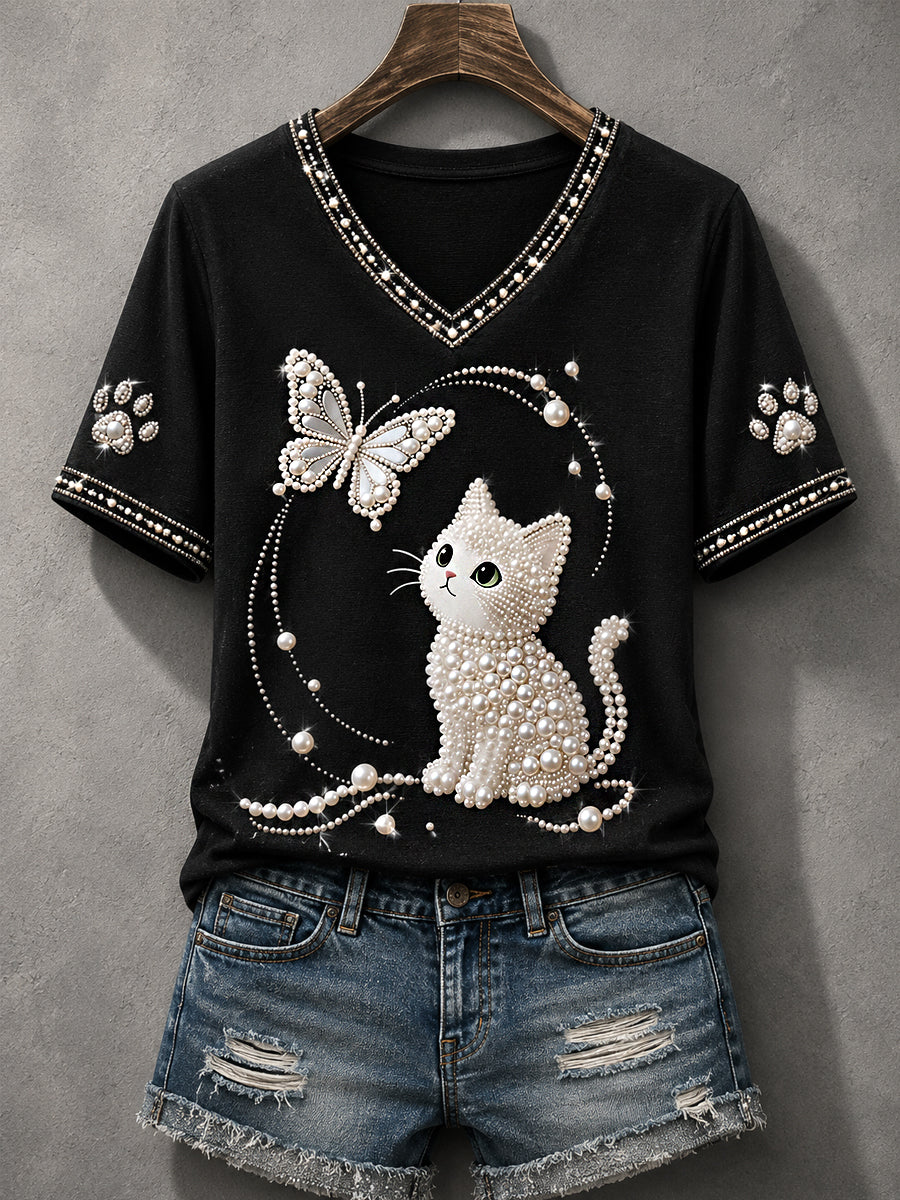 Glamorous Cat Top V-Neck Shirt Cute Cat Merchandise Gift Women