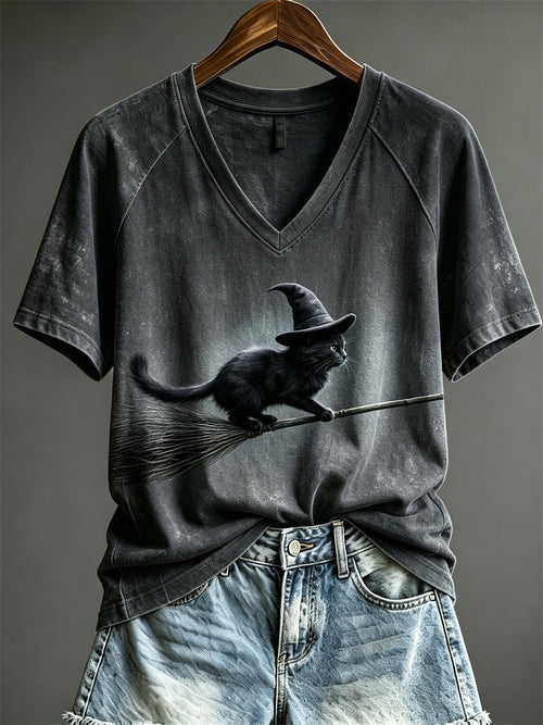 Black Witch Cat Flying Broomstick Shirt V-Neck Shirt Spooky Halloween Merch Gift Ideas