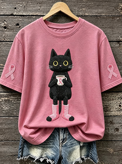 Black Cat Breast Cancer Awareness T-Shirt Cute Black Cat Drinking Coffee Tee Gift Ideas
