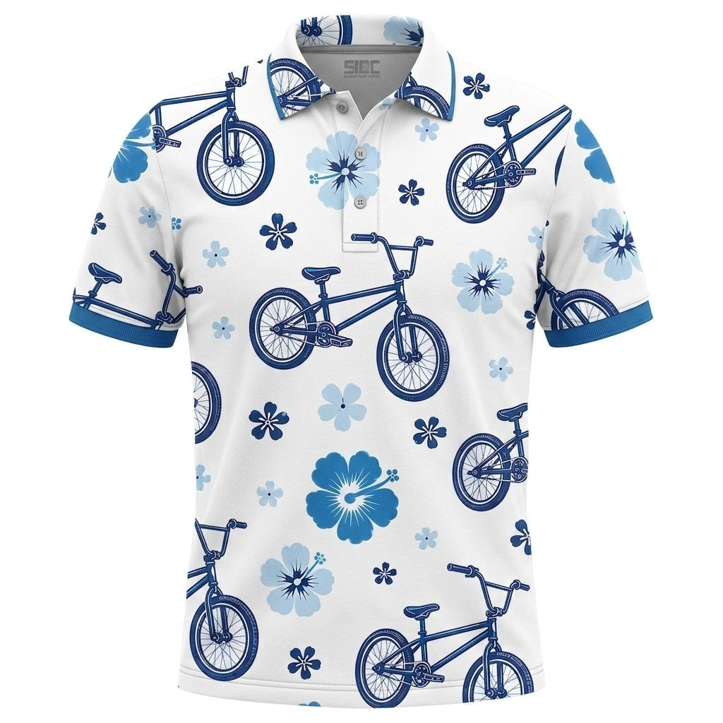 BMX and Hibiscus Flower Polo Shirt Retro Cycling Pattern Apparel Cyclist Gift