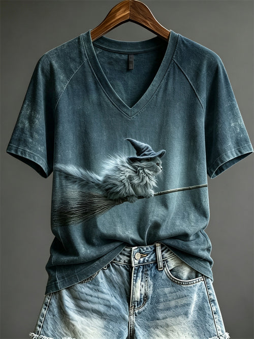 Grey Fluffy Witch Cat Flying Broomstick V-Neck Shirt Clothes Gift For Her