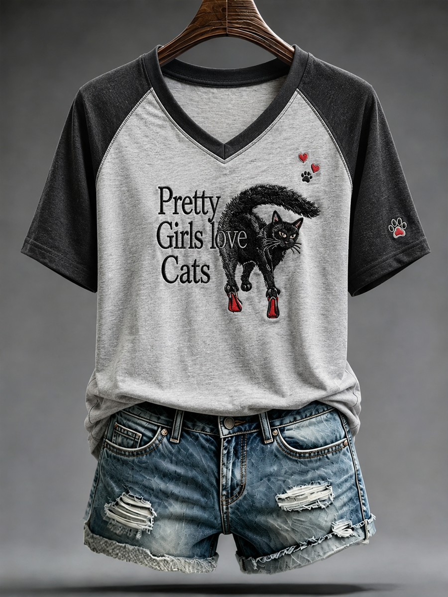 Pretty Girls Love Cats V-Neck Shirt Black Cat In Red Heels Clothes Women Gift