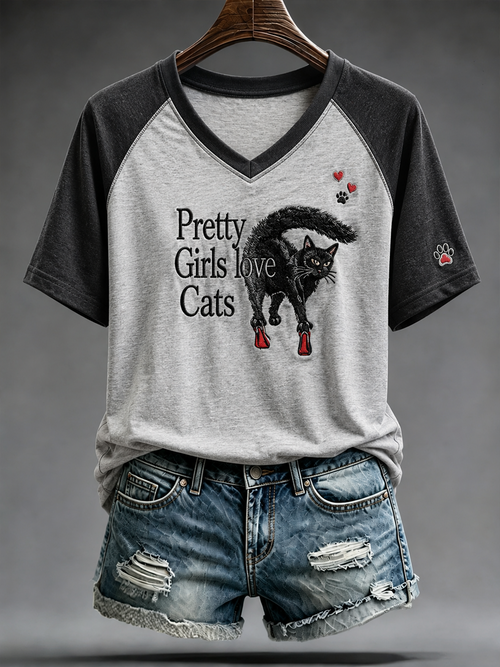 Pretty Girls Love Cats V-Neck Shirt Black Cat In Red Heels Clothes Women Gift