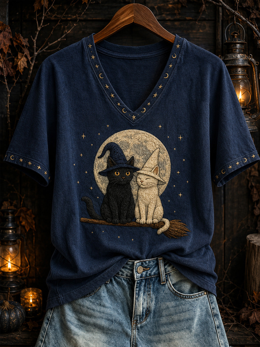 Black and White Witch Cats V-Neck Shirt Halloween Clothes Halloween Gift Ideas _
