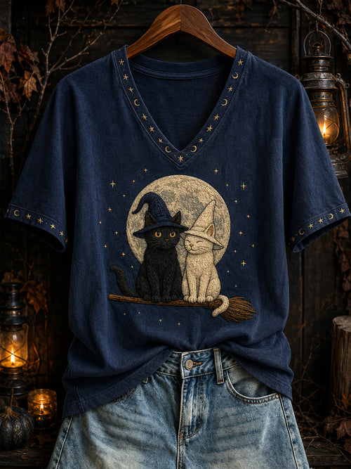 Black and White Witch Cats V-Neck Shirt Halloween Clothes Halloween Gift Ideas _