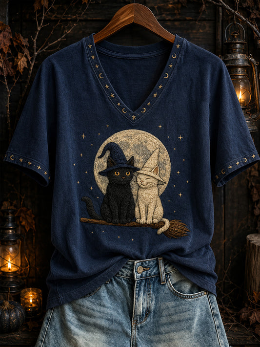 Black and White Witch Cats V-Neck Shirt Halloween Clothes Halloween Gift Ideas _