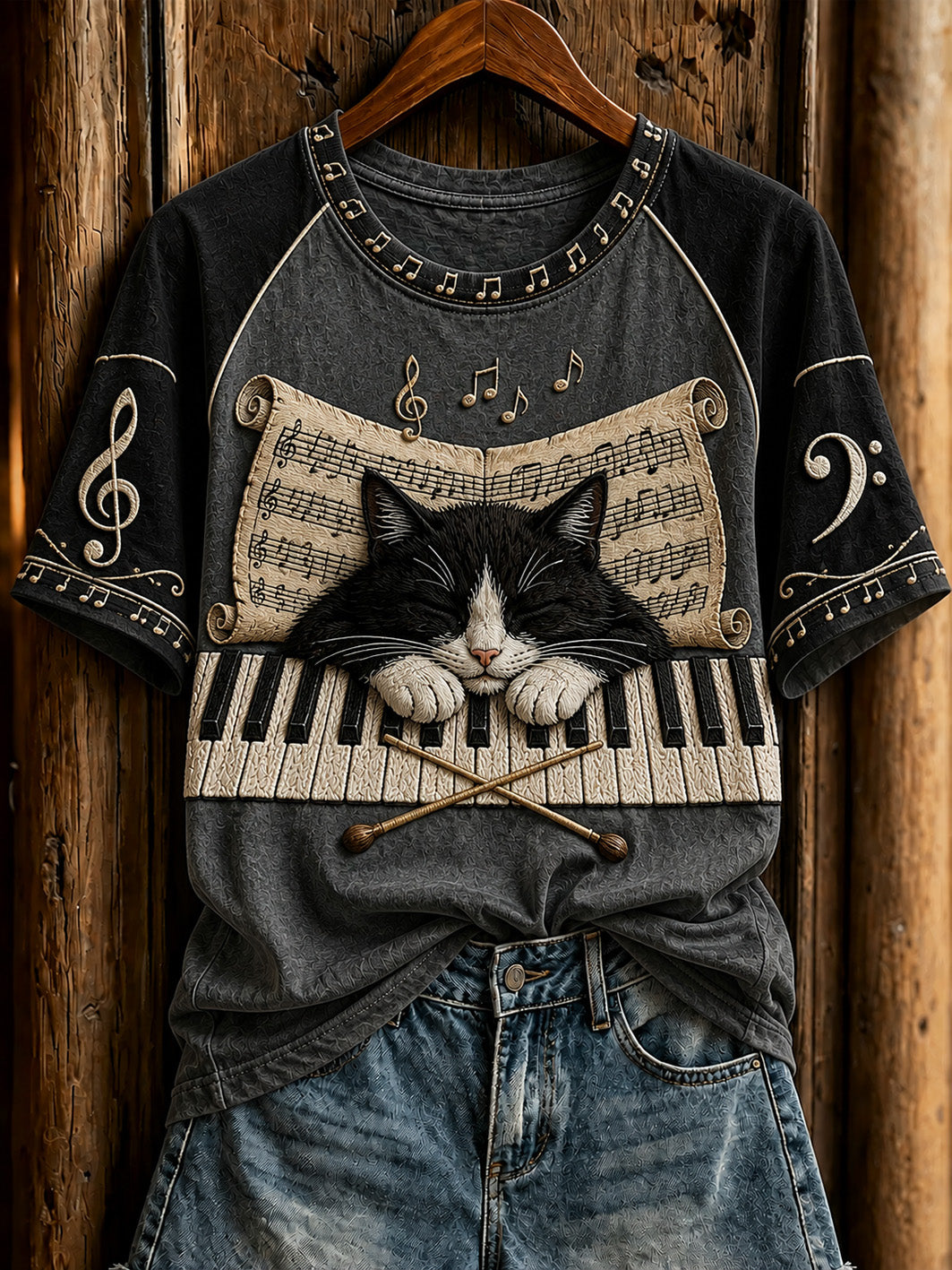 Black Cat Piano T-Shirt Musical Cat Apparel Birthday Gifts For Cat