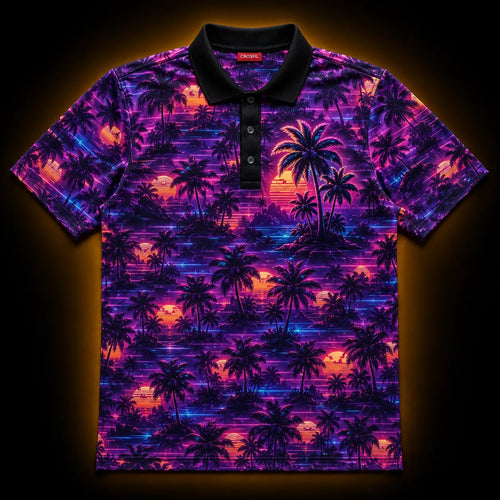 Synthwave Sunset Polo Shirt Men_s Casual Apparel 80s Aesthetic Gift