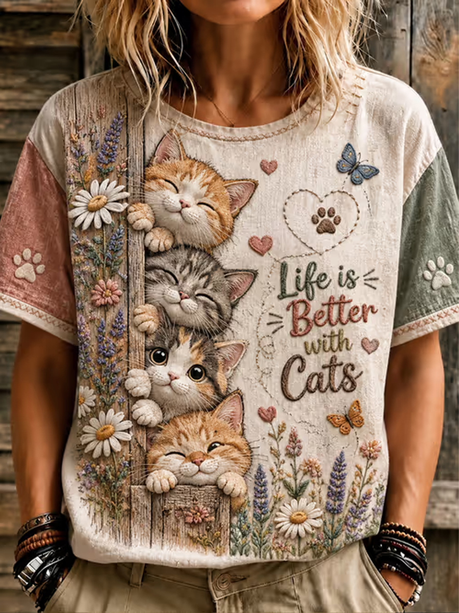 Life Is Better With Cats T-Shirt Cat Loves Tee Gift For Girlfriend