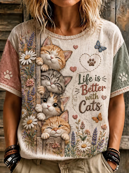 Life Is Better With Cats T-Shirt Cat Loves Tee Gift For Girlfriend