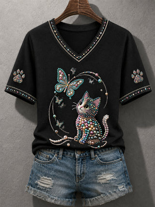 Glamorous Cat Top V-Neck Shirt Cute Cat Merchandise Gift Ideas