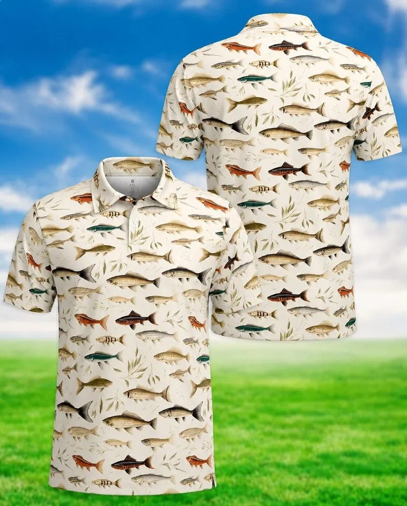 Fish Pattern Golf Polo Shirt Men_s Casual Apparel Gifts For Fishing Lovers