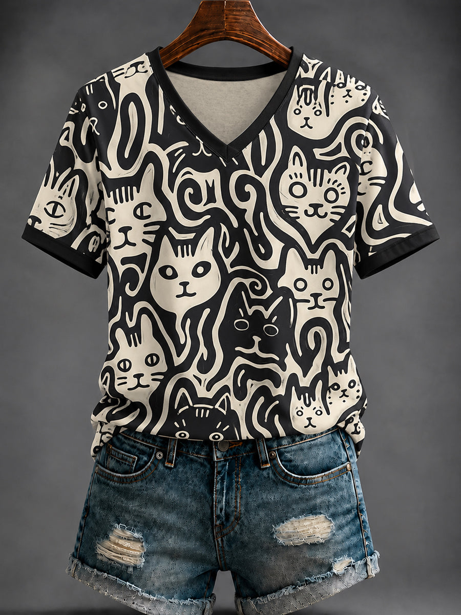 Abstract Cat Face V-Neck Shirt Cute Cat Clothing Gift For Girlfriend