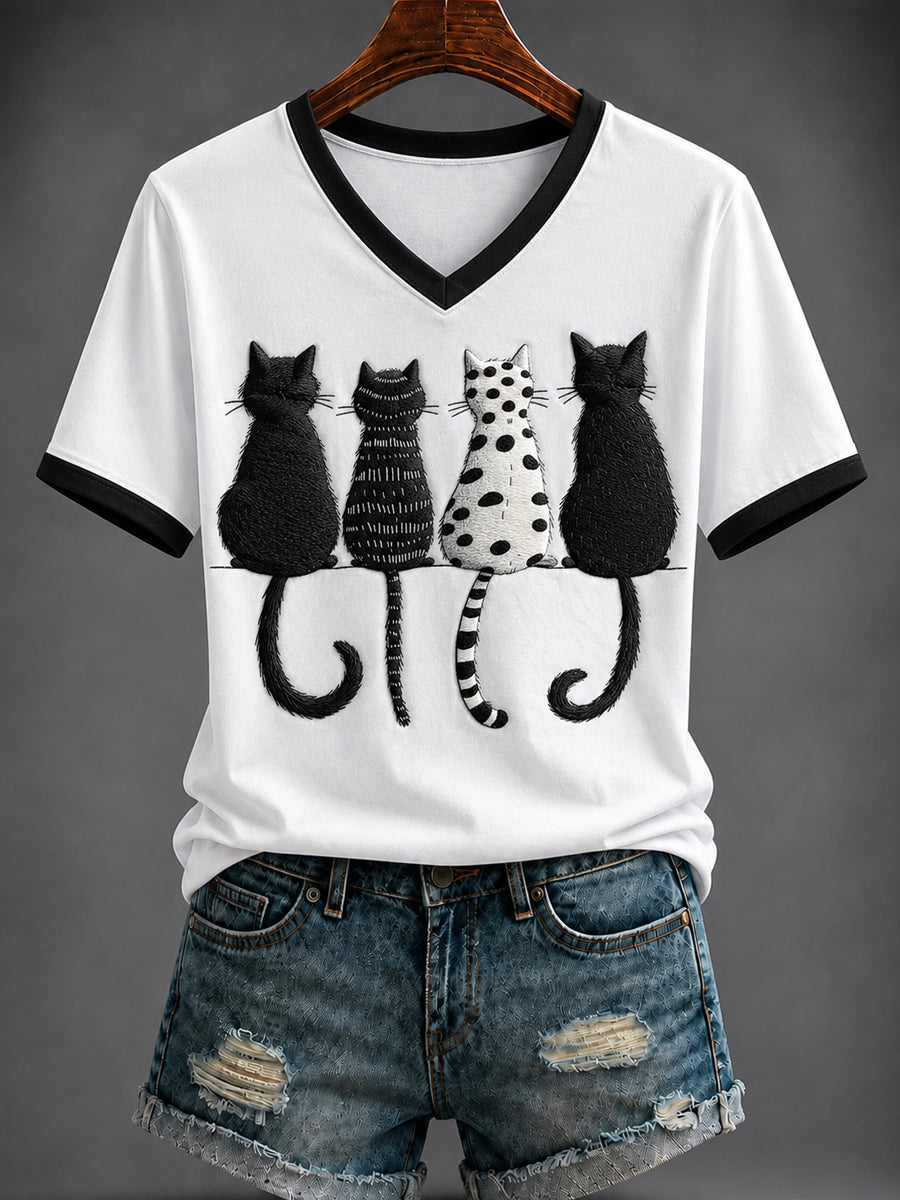 Cats Sitting Back View V-Neck Shirt Cute Cat Clothing Cat Lover Gift