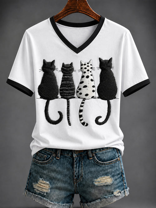 Cats Sitting Back View V-Neck Shirt Cute Cat Clothing Cat Lover Gift
