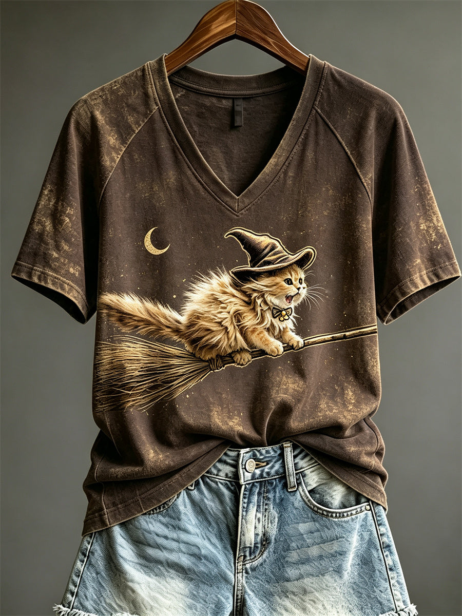 Fluffy Witch Cat Flying Broomstick V-Neck Shirt Cute Cat Merch Gift For Halloween
