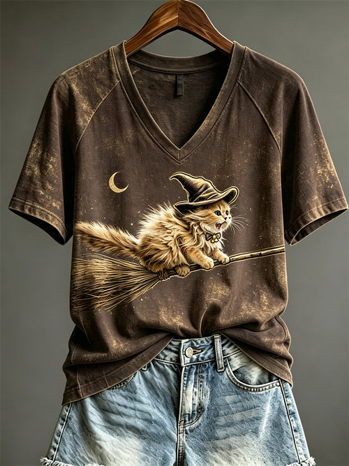 Fluffy Witch Cat Flying Broomstick V-Neck Shirt Cute Cat Merch Gift For Halloween