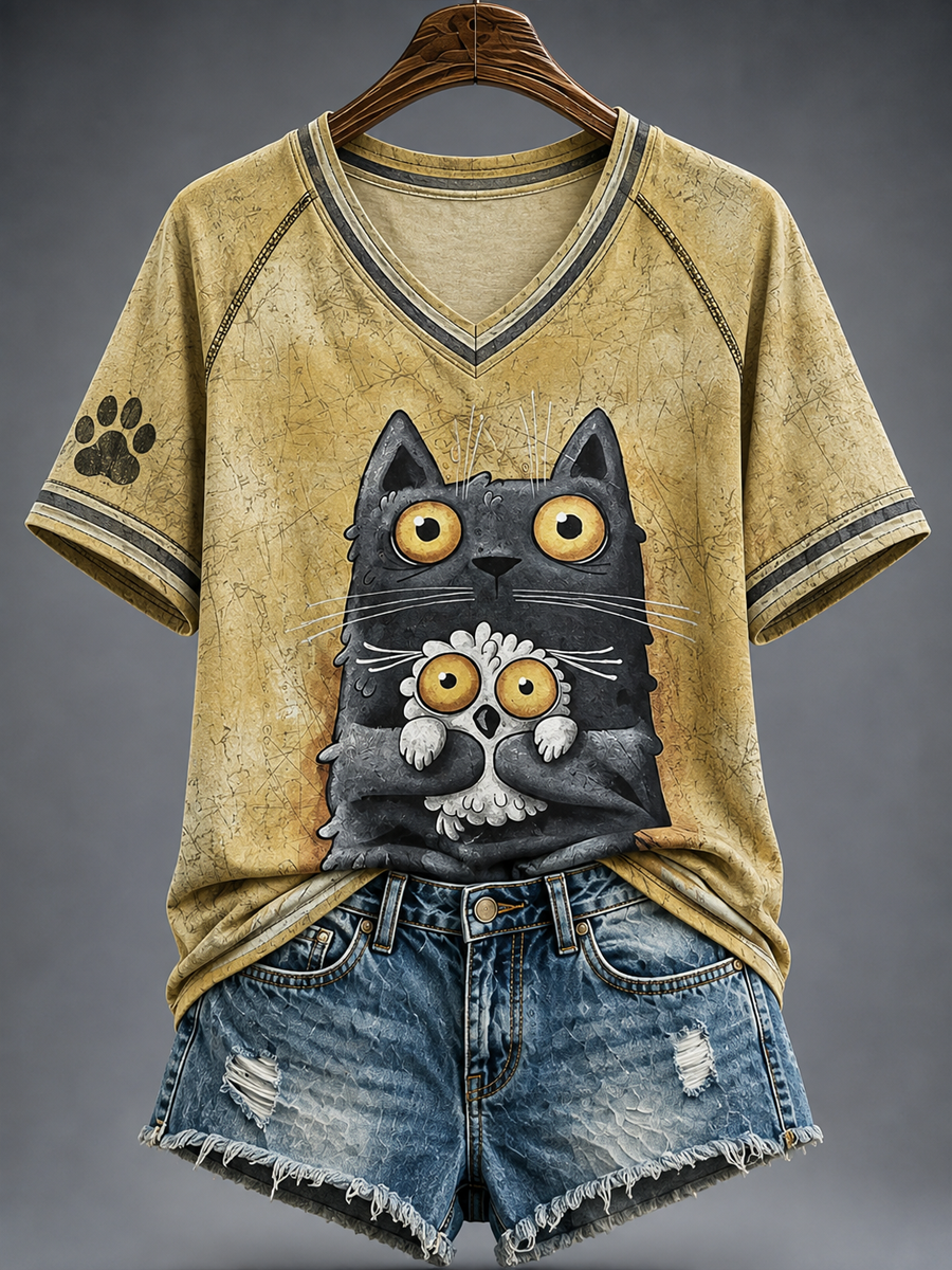 Black Cat Hugging Little Owl V-Neck Shirt Rustic Cat Apparel Gift Ideas