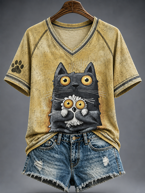 Black Cat Hugging Little Owl V-Neck Shirt Rustic Cat Apparel Gift Ideas