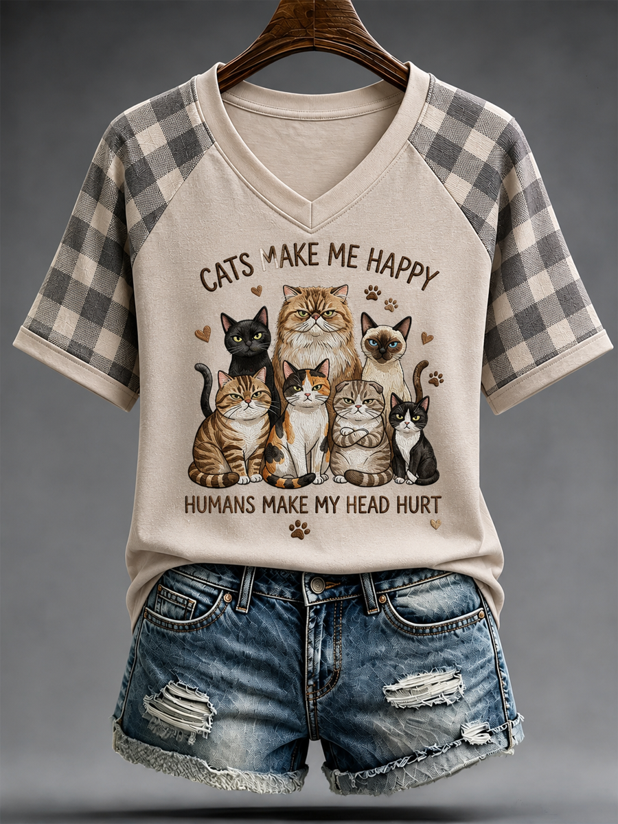 Cats Make Me Happy Humans Make My Head Hurt V-Neck Shirt Cat Loves Merch Gift Ideas