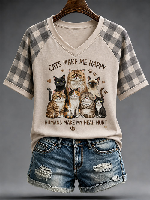 Cats Make Me Happy Humans Make My Head Hurt V-Neck Shirt Cat Loves Merch Gift Ideas
