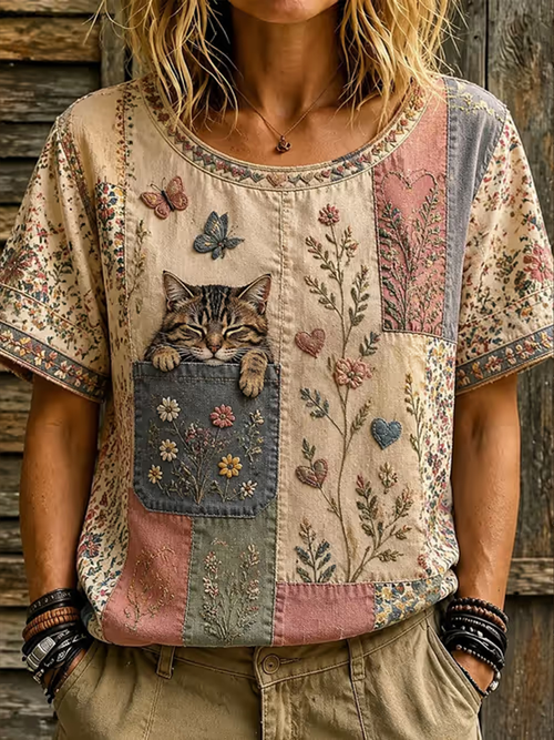 Rustic Cat T-Shirt Cute Sleeping Tabby Kitty Tee Gift Ideas