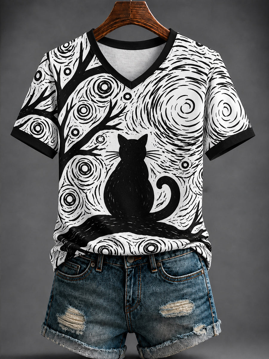 Cats Sitting Back View V-Neck Shirt Cute Cat Clothing Gift For Women