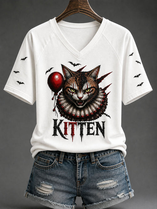 Scary Clown Cat Kitten Halloween V-Neck Shirt Spooky Horror Clothes Gift Ideas