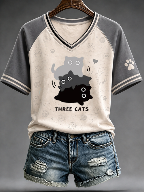 Three Cat V-Neck Shirt Cute Stacked Kittens Clothes Gift For Cat Lover