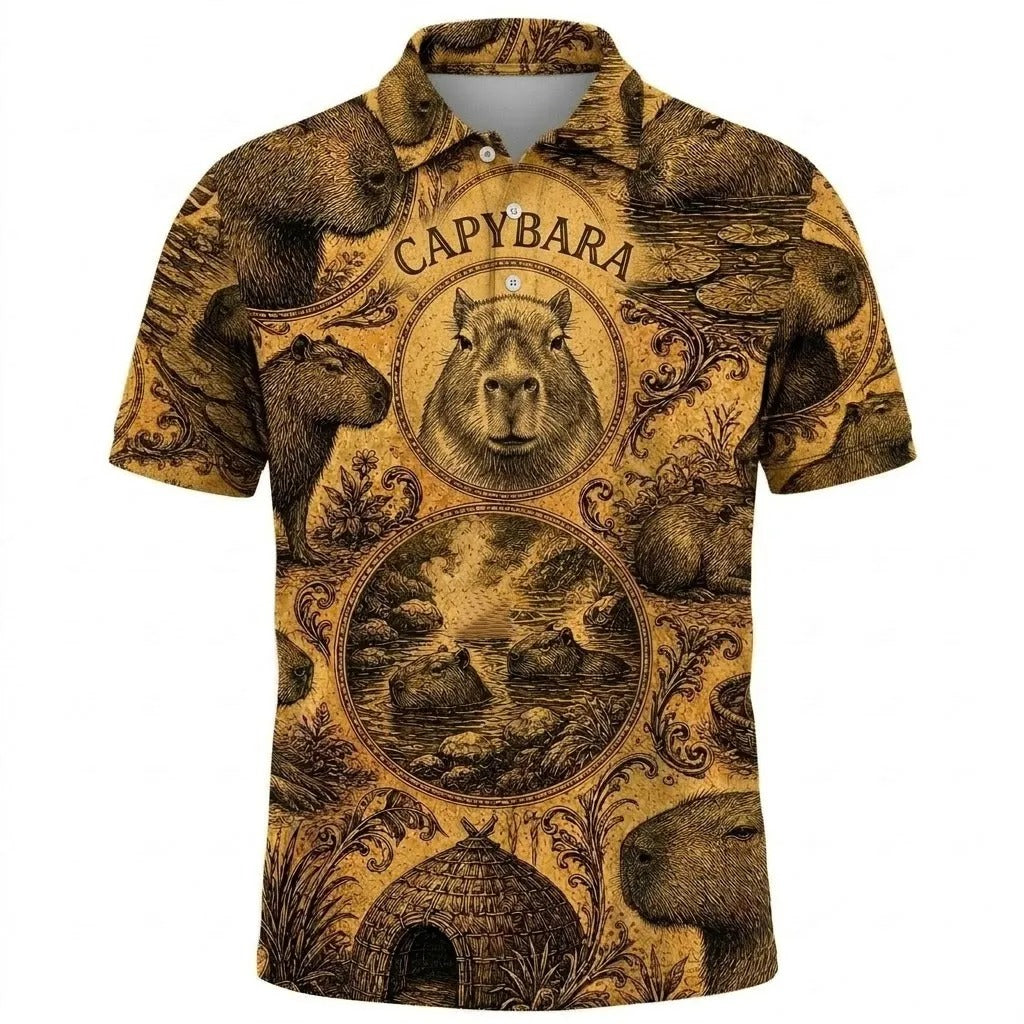 Retro Capybara Pattern Polo Shirt Cute Animal Apparel Gift For Men