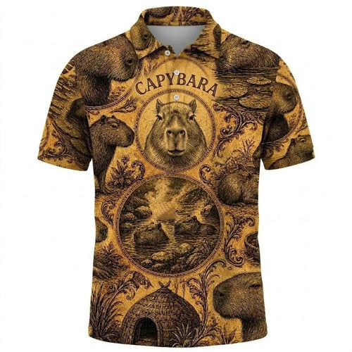 Retro Capybara Pattern Polo Shirt Cute Animal Apparel Gift For Men